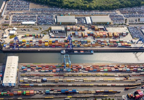 Aerial view, harbour area, harbour facilities, Contargo Neuss GmbH, container loading, container