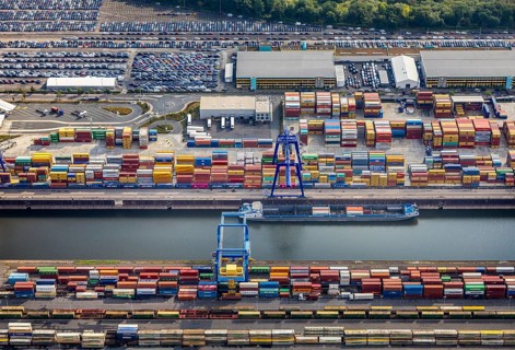 Aerial view, harbour area, harbour facilities, Contargo Neuss GmbH, container loading, container