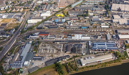 Aerial photo, harbour area, harbour facilities, Obererft, Neuss, city limits Düsseldorf, Rhineland,