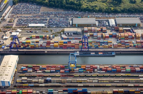 Aerial view, harbour area, harbour facilities, Contargo Neuss GmbH, container loading, container