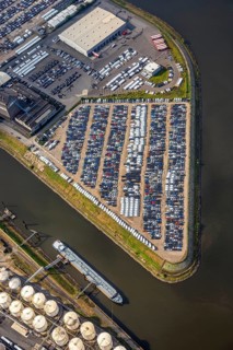 Aerial photo, harbour area, harbour facilities, Obererft, Neuss, city limits Düsseldorf, Rhineland,