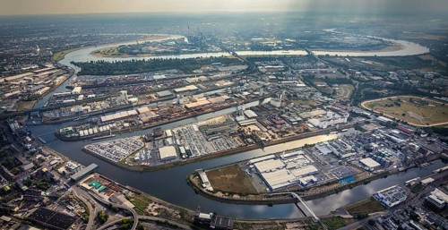 Aerial photo, harbour area, harbour facilities, Obererft, Neuss, city limits Düsseldorf, Rhineland,