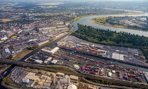 Aerial photo, harbour area, harbour facilities, Obererft, Neuss, city limits Düsseldorf, Rhineland,