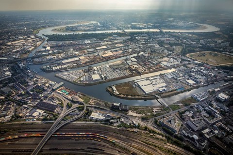 Aerial photo, harbour area, harbour facilities, Obererft, Neuss, city limits Düsseldorf, Rhineland,