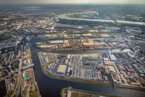 Aerial photo, harbour area, harbour facilities, Obererft, Neuss, city limits Düsseldorf, Rhineland,