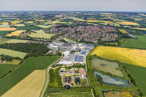 Aerial view, aerial view Appelhülsen, industrial area Industriestraße, Lippeverband Dortmund sewage