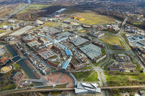 Aerial view, Centro shopping centre, new building POCO Einrichtungsmarkt, yellow-red building,