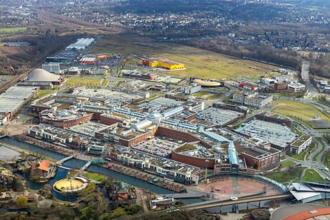 Aerial view, Centro shopping centre, new building POCO Einrichtungsmarkt, yellow-red building,