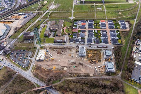 Aerial view, winding tower Osterfeld colliery pit Â½, new residential complex for senior citizens,