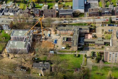 Aerial view, construction site new building Louise-Schroeder-Heim, Osterfeld, Oberhausen, Ruhr