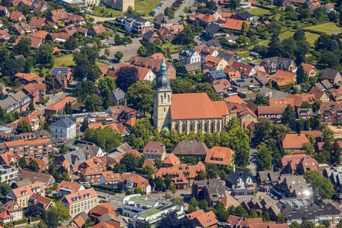 Aerial view, catholic St. Martinus collegiate church and parish church, town centre, Nottuln,