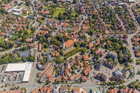Aerial view, catholic St. Martinus collegiate church and parish church, town centre, Nottuln,
