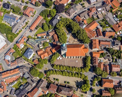 Aerial view, catholic St. Martinus collegiate church and parish church, town centre, Nottuln,