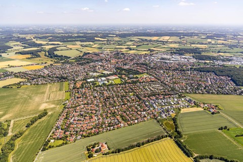Aerial view, view of the town, Sportpark Nottuln, St. Martinus Stifts- und Pfarrkirche, Nottuln,