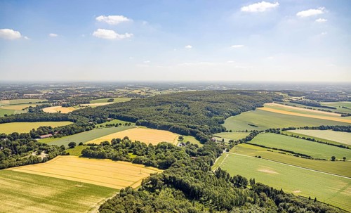 Aerial view, Baumberge forest reserve, Hotel Steverburg, meadows and fields, Nottuln, Münsterland,