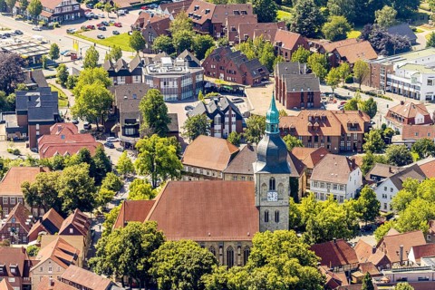 Aerial view, catholic St. Martinus collegiate church and parish church, town centre, Nottuln,