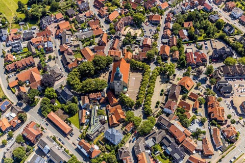 Aerial view, catholic St. Martinus collegiate church and parish church, town centre, Nottuln,