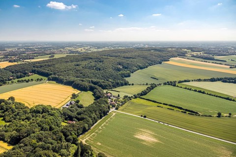 Aerial view, Baumberge forest reserve, Hotel Steverburg, meadows and fields, Nottuln, Münsterland,