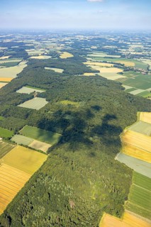Aerial view, Baumberge forest reserve, meadows and fields, Nottuln, Münsterland, North