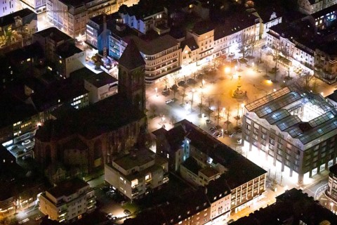 Aerial view, catholic church at the old market, old market, victory column, job centre, night shot,