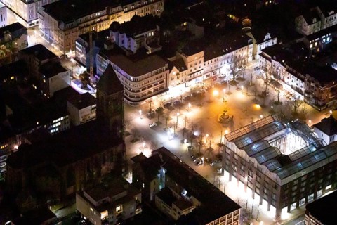 Aerial view, catholic church at the old market, old market, victory column, job centre, night shot,