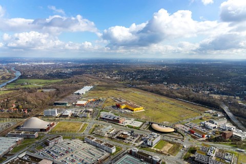 Aerial view, Centro shopping centre, new building POCO Einrichtungsmarkt, Neue Mitte, steelworks
