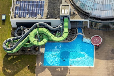Aerial view, AQUApark Oberhausen adventure pool, outdoor pool, Oberhausen, Ruhr area, North