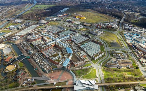 Aerial view, Centro shopping centre, new building POCO Einrichtungsmarkt, yellow-red building,
