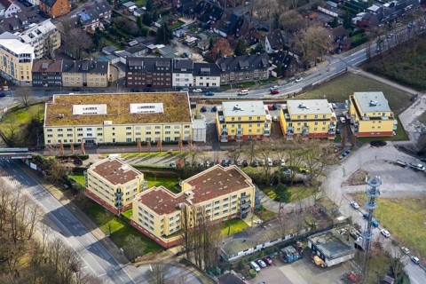 Aerial view, ASB Senior Citizens' Centre, House 1 and extension House 2, Oberhausen, Ruhr area,