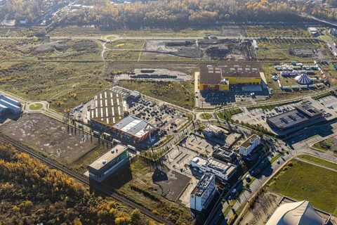 Aerial view, Neue Mitte, CentrO area, construction site Brammenring, Hornbach Baumarkt, Poco
