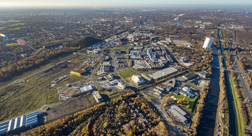 Aerial view, Neue Mitte, CentrO site, gasometer renovation measures, Poco Einrichtungsmarkt,