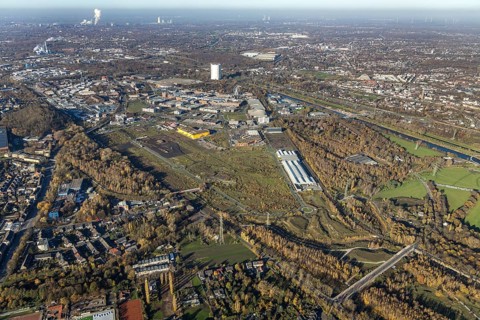 Aerial view, Neue Mitte, CentrO site, gasometer renovation measures, Poco Einrichtungsmarkt,