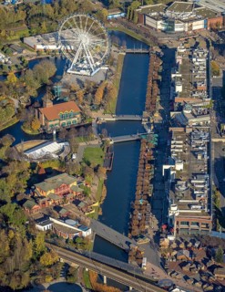 Aerial view, CentrO Promenade, CentrO Ferris wheel, canal, Marienviertel Ost, Oberhausen, Ruhr