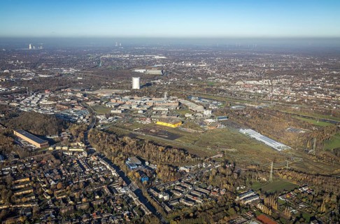 Aerial view, Neue Mitte, CentrO site, gasometer renovation measures, Poco Einrichtungsmarkt,