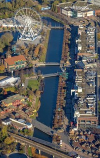 Aerial view, CentrO Promenade, CentrO Ferris wheel, canal, Marienviertel Ost, Oberhausen, Ruhr
