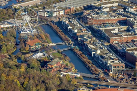 Aerial view, CentrO Promenade, CentrO Ferris wheel, canal, Marienviertel Ost, Oberhausen, Ruhr