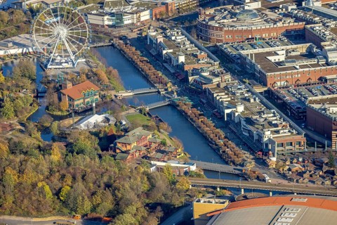 Aerial view, CentrO Promenade, CentrO Ferris wheel, canal, Marienviertel Ost, Oberhausen, Ruhr