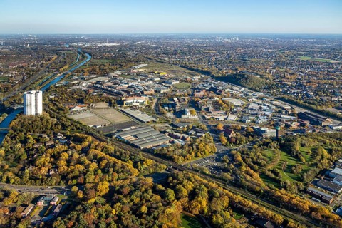 Aerial view, gasometer renovation, covered gasometer, CentrO Ferris wheel, Rhine-Herne Canal, River