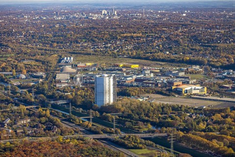 Aerial view, gasometer renovation, covered gasometer, CentrO Ferris wheel, Neue Mitte, Buschhausen,