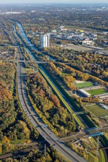 Aerial view, gasometer renovation, covered gasometer, Rhine-Herne Canal, river Emscher,