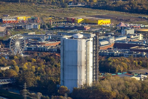 Aerial view, gasometer renovation, covered gasometer, CentrO Ferris wheel, Buschhausen, Oberhausen,