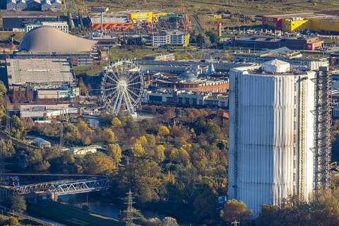 Aerial view, gasometer renovation, covered gasometer, CentrO Ferris wheel, Neue Mitte, Buschhausen,