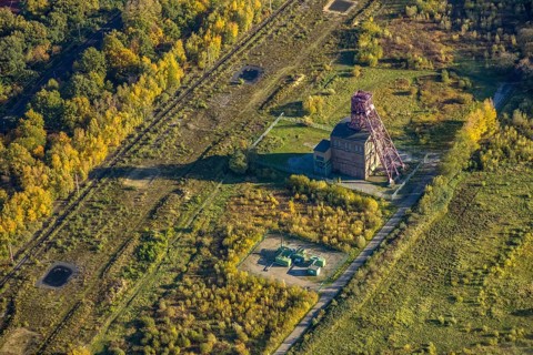 Aerial view, historic colliery winding tower shaft 1 Sterkrade colliery, Schwarze Heide,