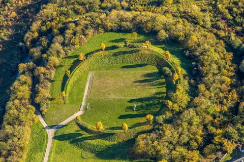 Aerial view, tree circle, landscaping Sterkrade, area of the former Sterkrade colliery, football