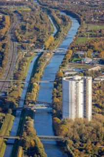 Aerial view, gasometer renovation, covered gasometer, Rhine-Herne Canal, river Emscher,