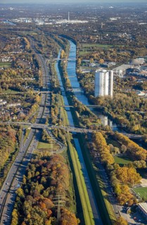 Aerial view, gasometer renovation, covered gasometer, Rhine-Herne Canal, river Emscher,