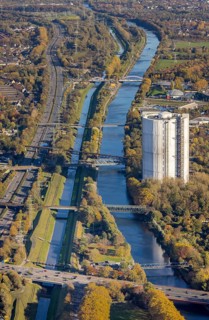 Aerial view, gasometer renovation, covered gasometer, Rhine-Herne Canal, river Emscher,