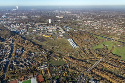 Aerial view, Neue Mitte, CentrO site, gasometer renovation measures, Poco Einrichtungsmarkt,