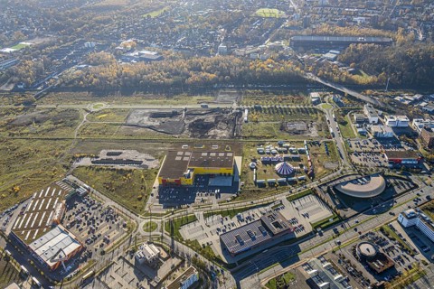 Aerial view, Neue Mitte, CentrO site, construction site, Hornbach Baumarkt, Poco Einrichtungsmarkt,