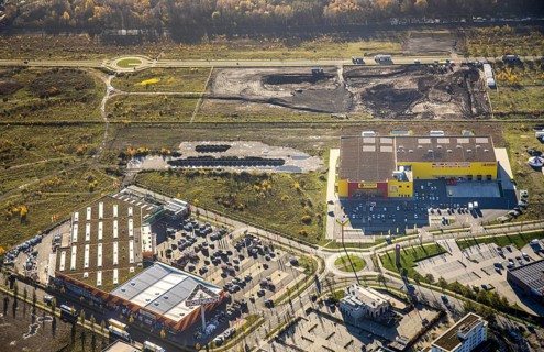 Aerial view, Neue Mitte, CentrO area, construction site Brammenring, Hornbach Baumarkt, Poco